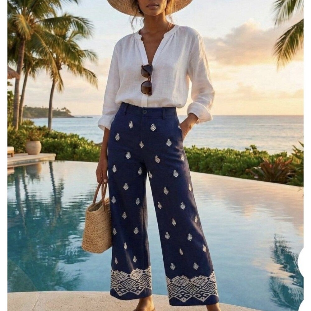 Zara High Waisted Boho ChiNavy Blue Embroidered Pants Culottes Cottagecore Sz S - Picture 1 of 16